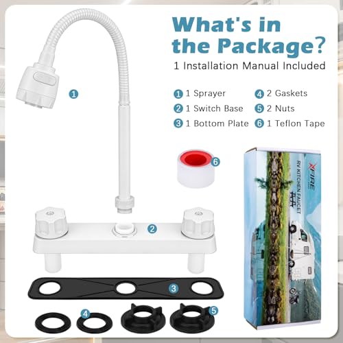 Image of 8 in RV Kitchen Faucet, XFIRE-GEAR Camper Faucet Kitchen with Flexible Arc 360 Degree Rotatable Dual Function Sprayer, RV Sink Faucets for Motorhomes, Travel Trailers (White)