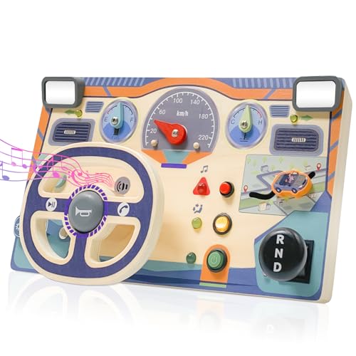 Image of ZJEFUNS Montessori Toddler Toys Busy Board with Led Light Interactive Wooden Dashboard Steering Wheel for 1 2 3 4 Year Old Sensory Toys Toddler Activities for Boys Girls Gift