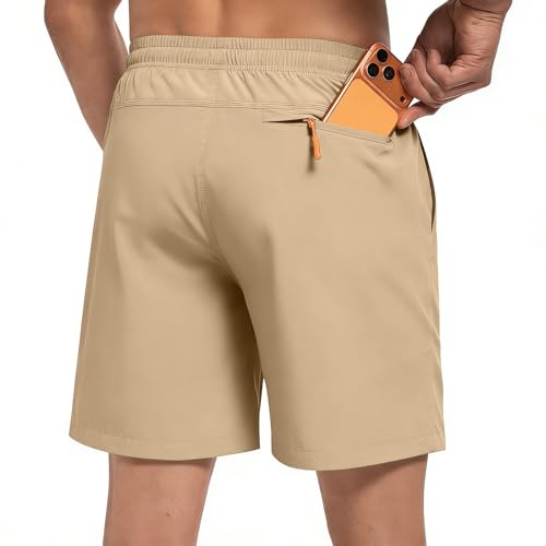 Men's 7" Athletic Gym Shorts with Zipper Pockets, Quick Dry, Light Khaki — view 3