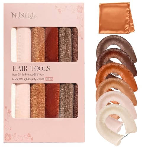 NUNFLUE Heatless Curls Overnight Set - Jumbo Soft Hair Curlers to Sleep In, No Damage Velvet Curling Rods with Silk Scarf, Alternative to Heat Styling-6pcs Rosebrown