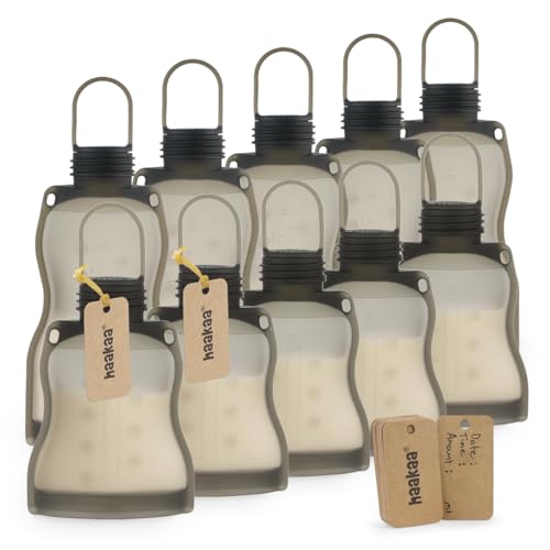 Image of haakaa Reusable Silicone Breastmilk Storage Bag Set | 9 oz&4.5 oz,10pk | Baby Food Freezer Bag| Breastfeeding Milk Storing Pouch| Breast Pump Bag -100% Silicone & Leak-Proof