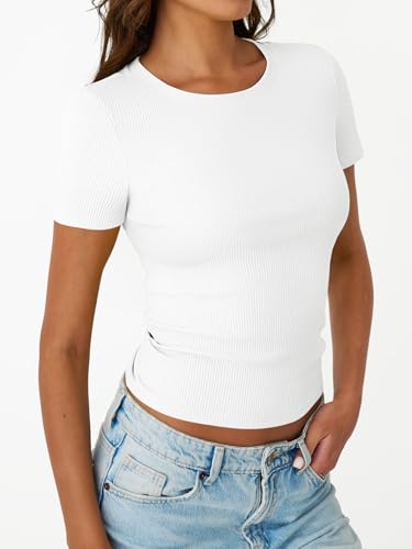 Trendy Queen Womens Short Sleeve Shirts Crewneck Ribbed Knit Slim Fitted T-Shirt Summer Basic Tee 2025 Tops3