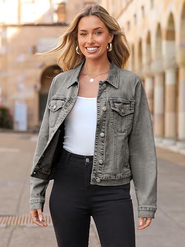 Image of Glamaker Womens Jean Jacket 2026 Basic Trendy Long Sleeve Denim Jackets Button Down Fitted Western Coat with Pockets