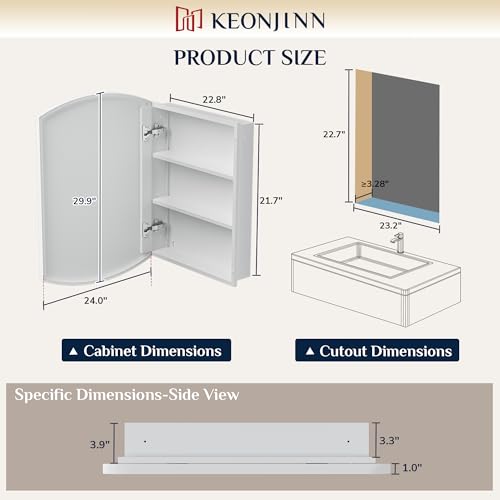 Image of Keonjinn White Medicine Cabinet with Mirror 24 inch x 30 inch, Adjustable Shelves