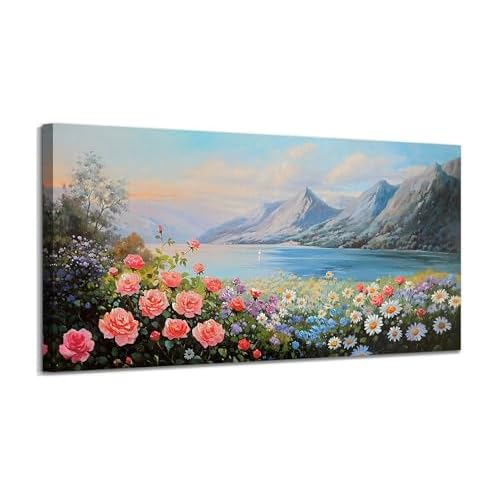 Ardemy Rocky Mountain Lake Canvas Wall Art 40"x20" Painting Textured Floral Landscape with Wildflowers & Sailboat, Blue-Green Nature Picture for Livin