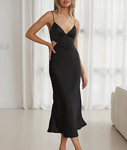 Image of Women Satin Cutout Slip Backless Maxi Dress V Neck Spaghetti Strap Bust Ruched Back Tie Strap Midi Dress for Wedding Guest Black