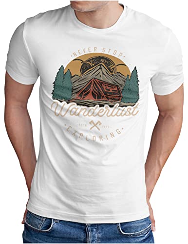 T-shirt outdoor OM3 imprimé tentes et montagnes pour homme en blanc