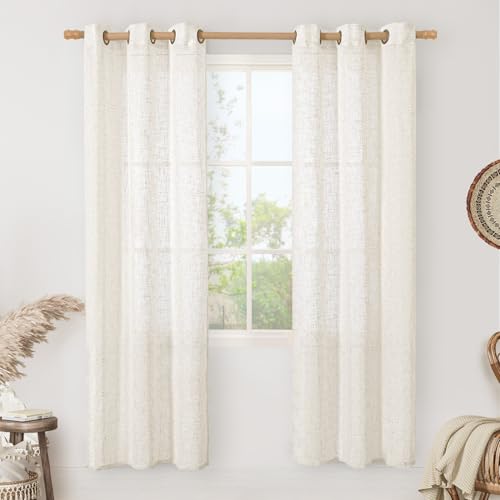 Image of LAMIT Natural Doorway Linen Curtains 80 inch Length 2 Panels, Cream Light Filtering Semi Sheer Panels Bronze Grommet Neutral Drapes for Living Room /Bedroom, 34 x 80 Inch