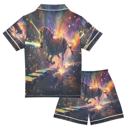 ALAZA Unicorn Starry Sky Zebra Satin Pajamas Set Short Sleeve Button Down Sleepwear Summer Pjs 2 Piece2