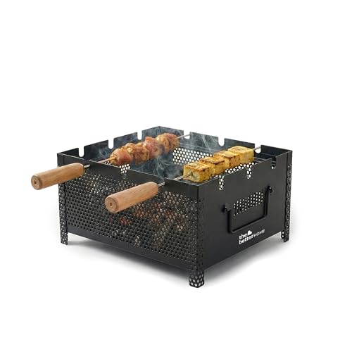 Image of The Better Home Heavy-Duty Iron Charcoal Grill - Sturdy Barbecue Sigdi for Home & Garden with 2 Rust-Proof Stainless Steel Skewers | Portable BBQ Set with Wooden Handles & Mesh Grill (Silver)