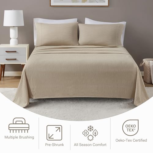 Image of Sleep Philosophy True North Flannel Sheets Cal King, Cozy 100% Cotton Flannel Bed Sheets, Ultra Soft Cute Sheet Set, Novelty Print Themed Cold Weather Warm Bedding Set, Beige White Stripes, 4 Piece
