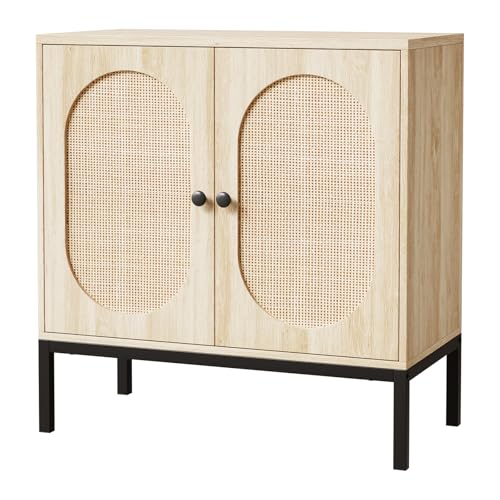 Image of Sideboard Buffet Cabinet with Storage, Accent Cabinet with Rattan Doors, Adjustable Shelf & Metal Feet, Coffee Bar Liquor Cabinet for Living Room, Dining Room, Hallway & Kitchen,Beige