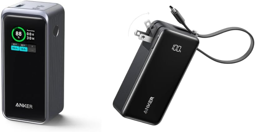 Anker Prime Power Bank, 20,000mAh Portable Charger with 200W Output 3-in-1 Portable iPhone Charger, 10,000mAh Power Bank with Built-in USB-C Cable and Foldable AC Plug