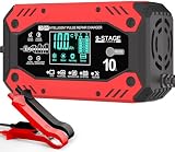 10A Autobatterie Ladegerät, 12V/24V Ladegerät Autobatterie mit Rekonditionierungsmodus und LCD-Bildschirm Batterie Ladegerät, geeignet für LiFePO4, AGM, Wet und Gel-Blei-Säure-Batterien (Red)