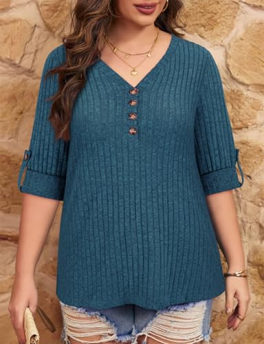 Image of Koscacy Women Plus Size V Neck 3 /4 Roll Sleeve Sweater Casual Knit Tops Solid Color Blouses