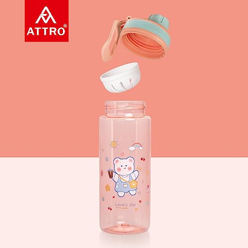 Image of Attro Champ 550ml Cute and Convenient Cartoon Printed Kids Plastic Water Bottle with Designer Hand Strap & Flip Lid BPA-Free-Perfect for School,Sports and Travel -Pink