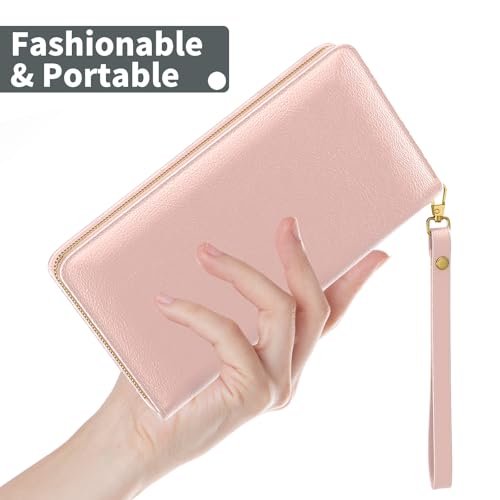 Image of Nipichsha Womens Wallet, RFID Wristlet Wallet for Women, Cute Ladies Purse, Large Credit Card Clutch Purse, Leather Card Holder Wallets with Zipper & Phone Holder, Pink