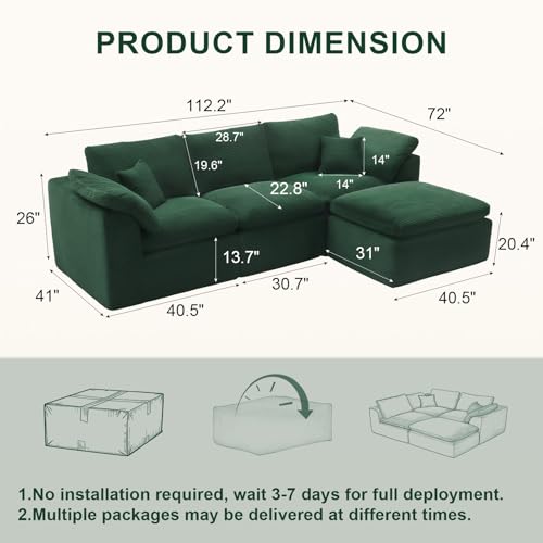 Image of 114 inch Cloud Sectional Couch, Boneless Couches for Living Room, Green
