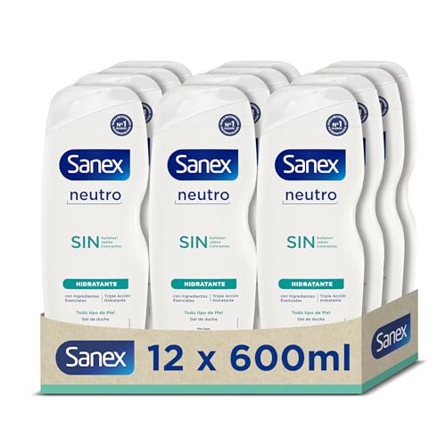 Sanex Gel de Ducha Neutro Hidratante 600 ml, Pack 12, con ingredientes esenciales, 0% sulfatos*, 0% jabón y 0% colorantes, para todo tipo de piel, hidratación duradera, tecnología triple acción