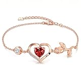 JACUPO Pulsera de corazón rosa de 1 quilate, moissanita, zafiro cultivado en laboratorio, rubí, esmeralda y más, plata S925, chapada en oro rosa de 18 quilates (oro rosa rubí)