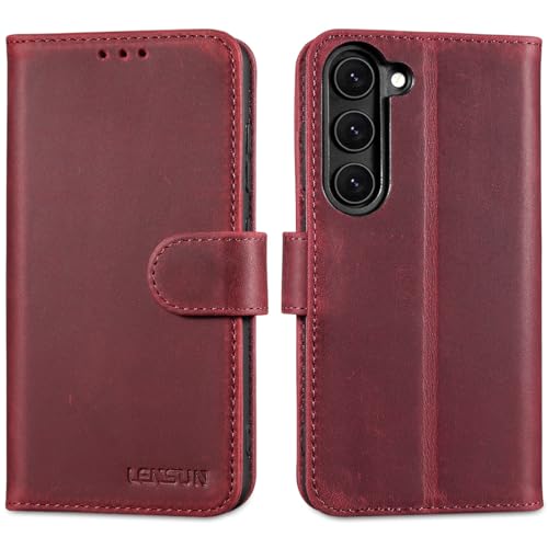 Coque Samsung S23 en cuir véritable Lensun étui portefeuille rouge rétro chic