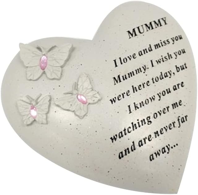 Personalised Grave Ornament/Memorial Plaque with Heart With 3 butterflies & Blue Gems | Graveside Decoration Gift in the Loving Memory of your Loving Deceased Ones (My Mummy)