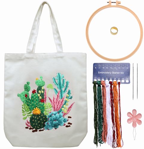 CREAWONDER Kit de bordado de bolsa de lona con patrón para principiantes, artes y manualidades de bordado para adultos, instrucciones, aros de bordado, hilos de color (beige, CR002 xianrenjinhu)