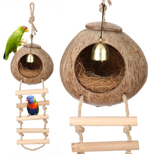 Image of Briwooody Coconut Shell Bird Nest House Breeding Bed Nestingand Anti-Pecking Bite with Natural Coir Fiber Bird Nest Toy Bell for Parrot Budgie Parakeet Cockatiel Conure Lovebird Canary Finch(Classic)