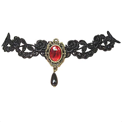 Gothic Black Choker Lace Necklace Royal Court Vampire Choker Necklace with Red Rhinestone and Black Teardrop Pendant Halloween Costume Jewelry for Women
