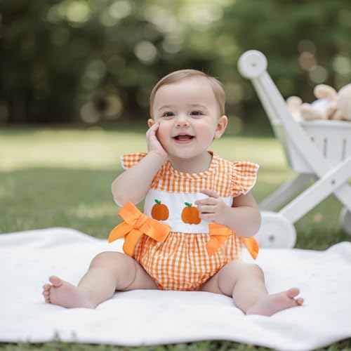 My First Halloween Baby Girl Outfit Newborn Pumpkin Patch Romper Short Sleeve Doll Collar Smocked Plaid Bubble Romper3