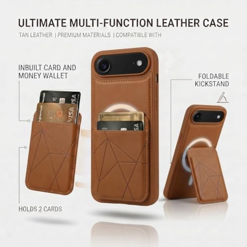 Image of amazon basics Premium Vegan Leather Back Cover with Card Holder and Integrated Mobile Stand for iPhone 17 Air - Slim Shockproof Wallet Case with Geometric Stitching [Tan]