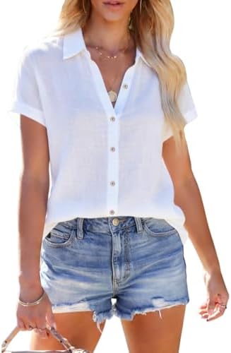 Womens Linen Shirts Short Sleeve Button Down Shirts Casual Vacati...