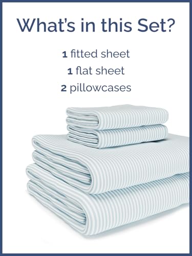 Image of Kids Queen Green Pinstripes Bed Sheets - 4 Piece Green Pinstripes Sheet Set | Green Pinstripes Themed Bedding, Ultra-Soft, Cute & Cozy, Breathable & Machine Washable, Bed Set for Boys, Girls & Teens