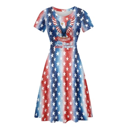 Image of POLERO 4th of July Dresses for Women 250th Anniversary American Eagle Dress Short Sleeve Red White and Blue Outfits Vintage Midi Length Work Parties Wear L