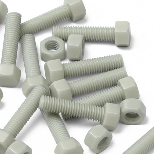Image of 50x Natural PA66 50% Glass-Fibre Hex Head Plastic Bolts, Nuts & Washers, M5 x 20 mm, (13 /64 x 25 /32 in)
