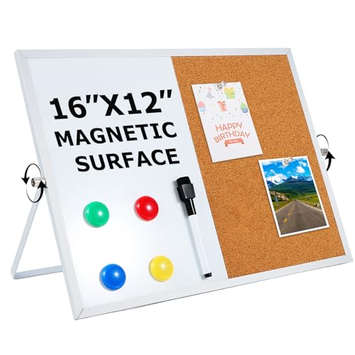 Cork Board Magnetic White Board 2-in-1 Combo, 16''x12'' Double Sided Dry Erase Board with 360° Reversible Aluminum Frame Bulletin Vision Board with 1 Marker, 4 Magnets & 5 Pins for Home Office Kitchen