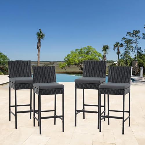 ECOTOUGE Black Outdoor Wicker Rattan Bar Stools Set of 4