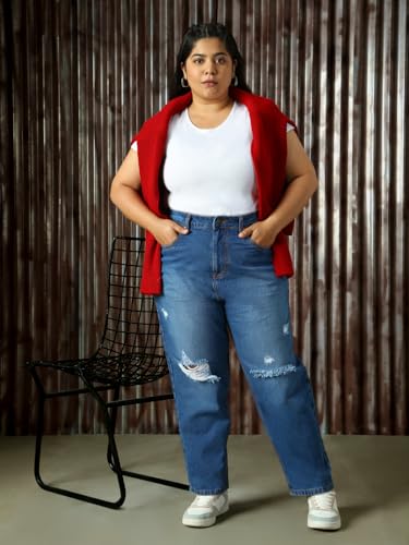 Image of High Star Plus Size Women Cotton Washed Mom Fit High-Rise Jeans
