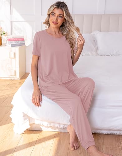 Women's Comfy Pajama Sets Short Sleeve Long Pants 2PCS Lounge Sets Drawstring Solid Color Nighty3