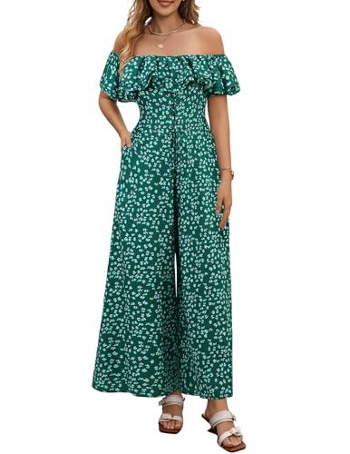 BeryLove Womens Floral Casual Jumpsuits Summer Off Shoulder High Waist Jumpsuit Wide Leg Vacation Rompers With Pockets Green XL