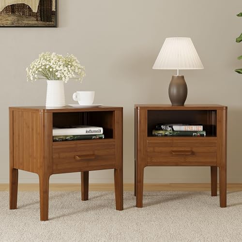 Merax Bamboo Nightstands Set of 2, Night Stands w/Drawer & Shelf, Brown