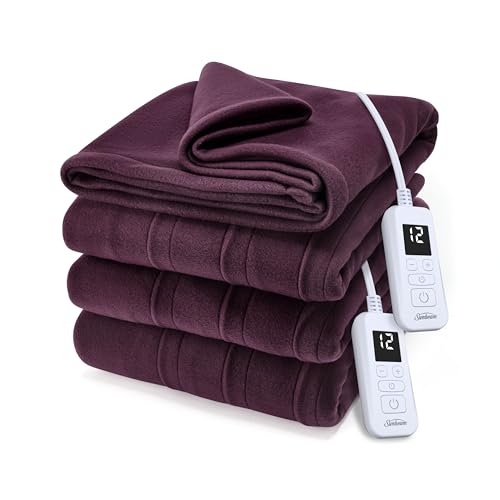 Sunbeam Royal Ultra Fleece Heated Electric Blanket Queen Size, 90' x 84', 12 Heat Settings, 12-Hour Selectable Auto Shut-Off, Fast Heating, Machine Washable, Warm and Cozy, Cabernet