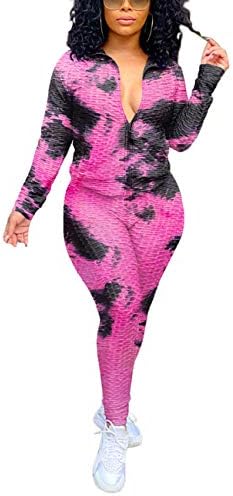 Jogging Sets for Women 2 Piece Tie Dye Outfits Long Sleeve Full Zip Jacket and Skinny Pants Tracksuit Set Black Pink XL