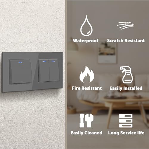 BSEED Lichtschalter Unterputz mit Steckklemme, Lichtschalter Glas 1 Fach 1 Weg+2 Fach 1 Weg, Taster Schalter Unterputz mit LED Kontrollleuchte, Wandschalter für Wohnzimmer, Büro, Küche-Grau