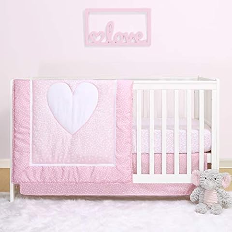 The Peanutshell Hearts Crib Bedding Set for Baby Girls | 3 Piece Pink & White Nursery Set | Baby Quilt, Crib Sheet, and Dust Ruffle Cover