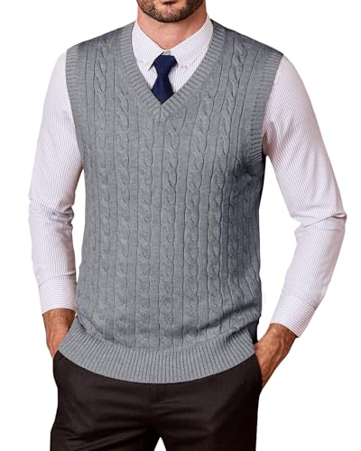 Kallspin Mens Sweater Vest Wool Blend Cable Knit V Neck Sleeveless Pullover Casual Bussiness Knitwear (Light Grey Large)