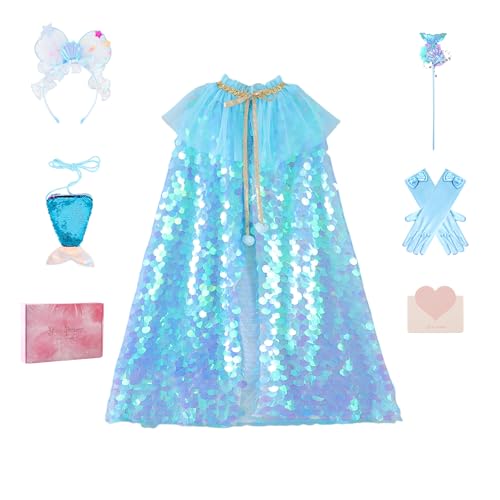 YOOCHUENG Capa Princesa para Niñas Capa con Lentejuelas Azules, Brillante Accesorio de Disfraz Halloween Carnaval Juegos de Roles para Niñas 3-8 Años