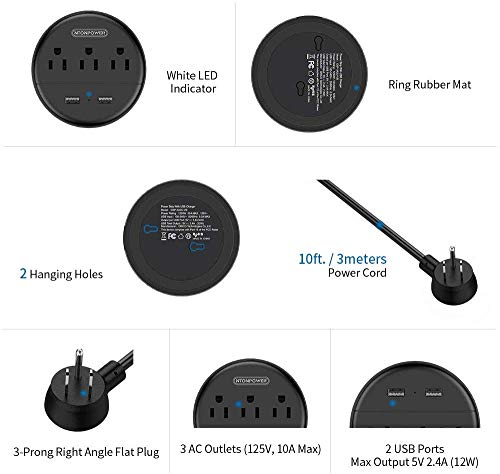 image for Power Strip with USB - NTONPOWER Travel Power Strip Flat Plug, 10ft Ex