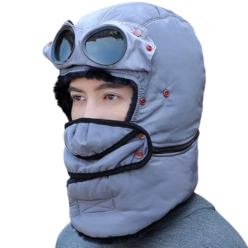 Winter Thermal Hat with Glasses Windproof Ski Cap Fashion Warm,Winter Trapper Hat Detachable Neckband Hats Gray
