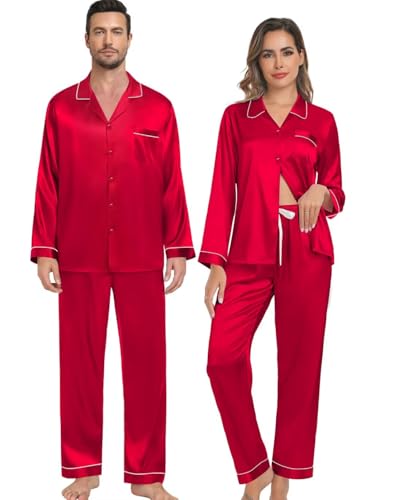 SWOMOG Couple Silk Satin Pajamas Set 2Pcs Matching Famliy Sleepwear Button Down Loungewear Men & Women Pjs with Pants Red